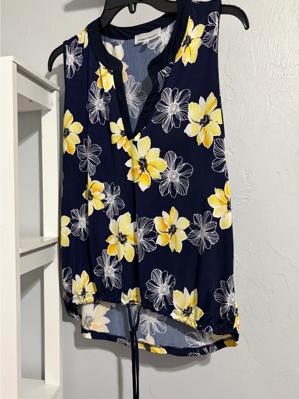 Modern Attraction Navy Sleeveless Floral Tie-Hem Blouse with Yellow Blooms